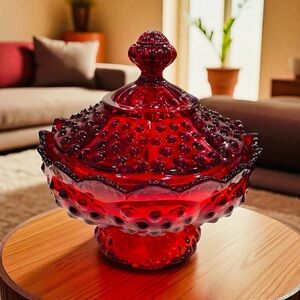 Fenton Cadmium Glow
Hobnail Ruby/Amberina
Lidded Candy Dish Scalloped
Edge 6.5"